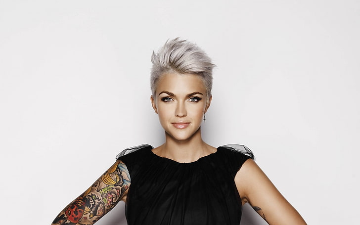 women's black sleeveless top, Ruby Rose (actress), tattoo, simple background, HD wallpaper