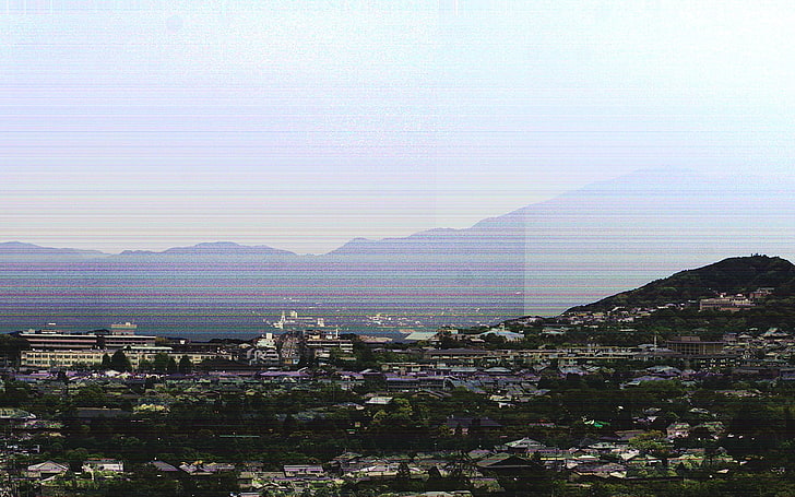 bird's eye view of city, glitch art, mountain, architecture, building exterior