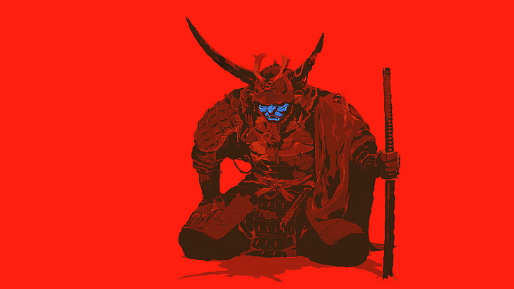 samurai with blue face clip art, Japan, minimalism, colored background, HD wallpaper