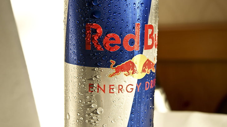 white and blue Red Bull energy drink can, macro, text, close-up, HD wallpaper