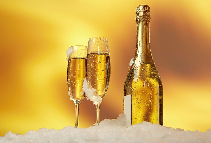 wine bottle with two champagne flute top of ice crushed ice, Wall, HD wallpaper