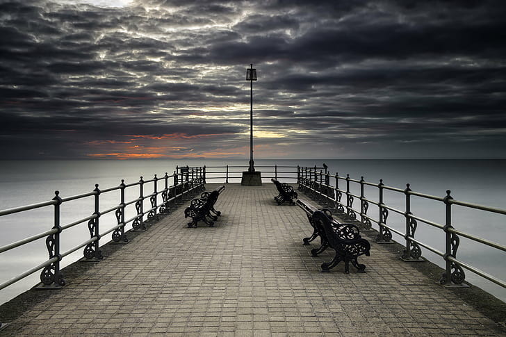 benches on footbridge, swanage, swanage, Sun Up, andi, com, campbell, HD wallpaper