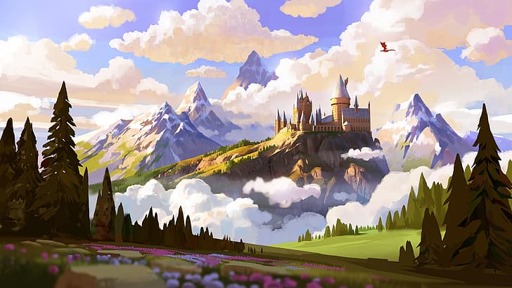 Hogwarts, Harry Potter, digital art, clouds, trees, mountains