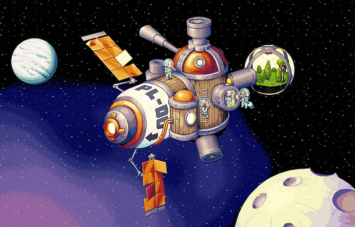 Spineworld, Pixel Art, Space, Astronaut, Space Station, 1250x800, HD wallpaper