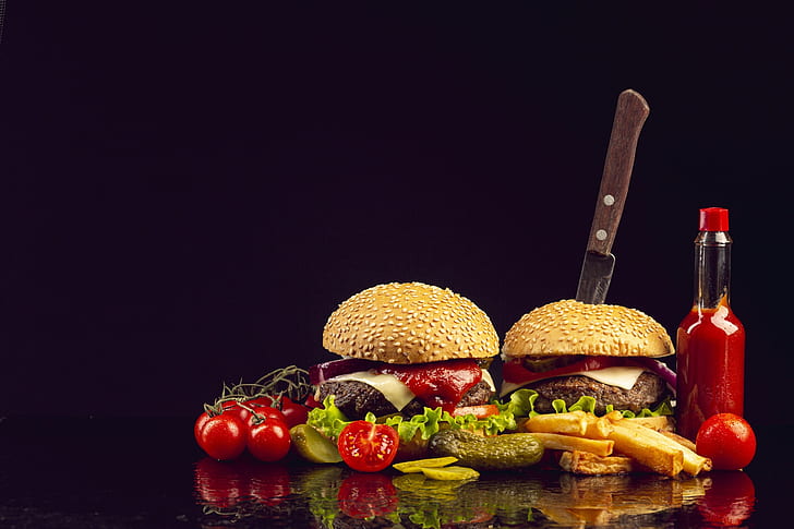 simple background, food, burger, ketchup, meat, vegetables, HD wallpaper