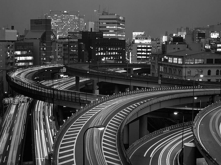 grayscale photo of roads, town, lights, monochrome, long exposure