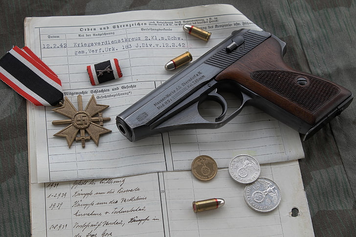 black and brown semi-automatic pistol, gun, war, medal, coins