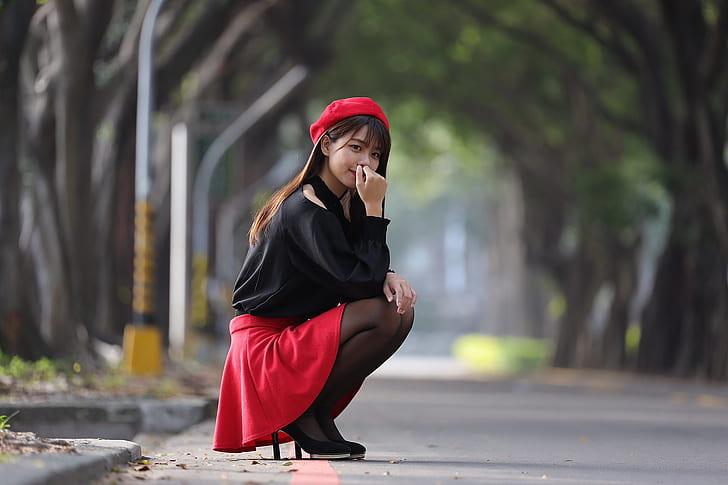Asian, women, model, squatting, red skirt, berets, nylon stockings