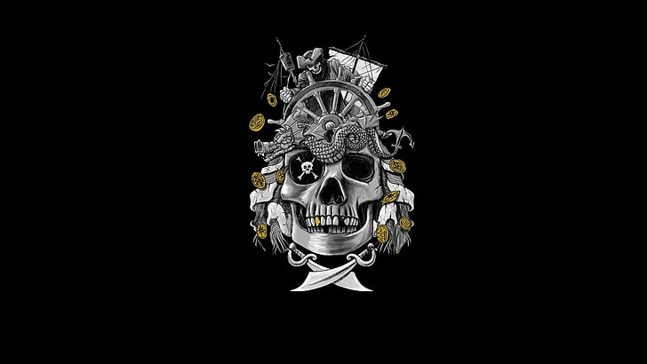 artwork, simple background, black background, skull, pirates