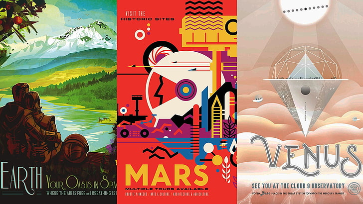three assorted-title books, Travel posters, the expanse, science fiction