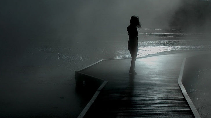 person standing on dock, mist, monochrome, silhouette, one person
