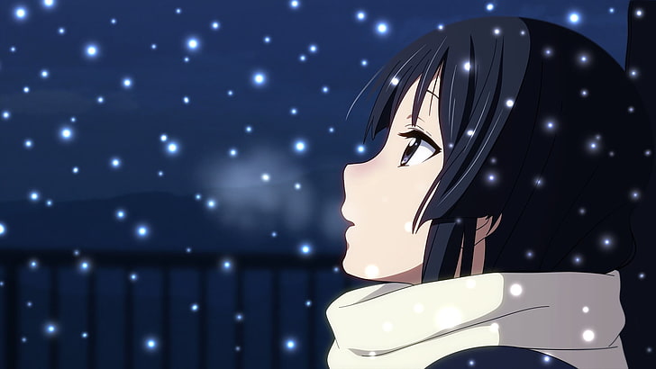 black haired anime character, winter, K-ON!, Akiyama Mio, illuminated