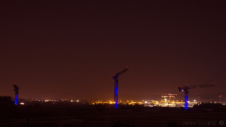 night, cityscape, cranes (machine), illuminated, building exterior, HD wallpaper