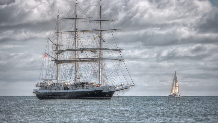 gray and brown ship, sailing ship, HDR, sea, overcast, nautical vessel, HD wallpaper