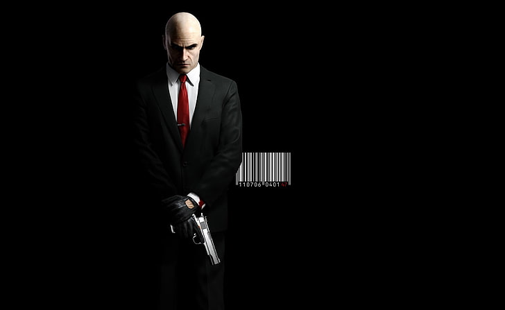 Hitman, men's black suit, Games, 47, gun, pistol, guns, blood