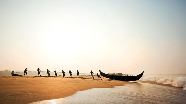 black boat, India, beach, vehicle, men, sea, sunlight, bright, HD wallpaper