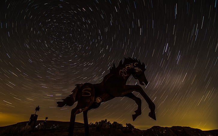 Statue Horse Night Stars Galaxy Milky Way Timelapse HD, nature, HD wallpaper