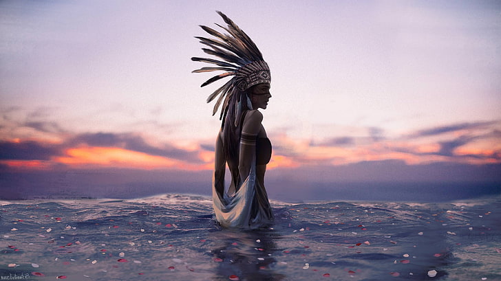 native American Indian female illustration, woman wearing brown and black headdress and black top on body of water at daytime