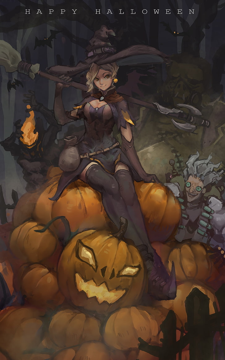 Happy Halloween illustration, Overwatch, Mercy (Overwatch), pumpkin, HD wallpaper