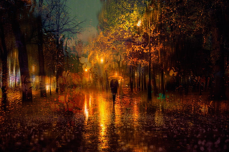 person walking on street photo, autumn, girl, the city, lights, HD wallpaper