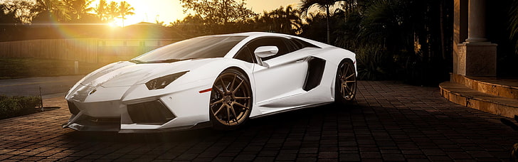 white sport car, Lamborghini Aventador, multiple display, dual monitors