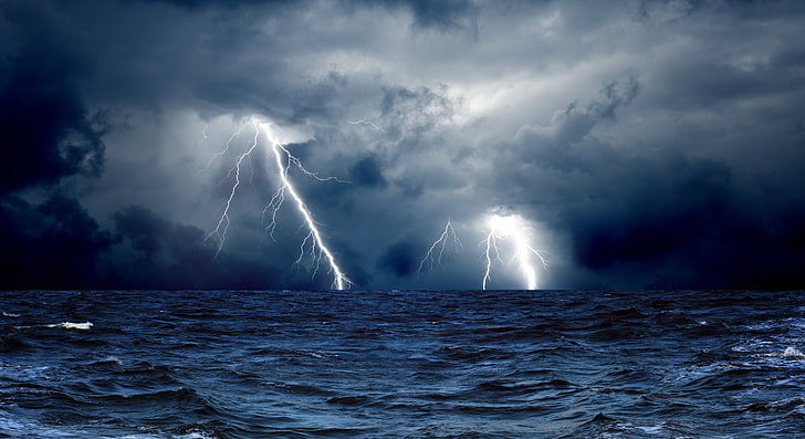 lightning, storm, waves, Clouds, sea, ocean, power in nature
