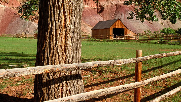 Fruita Barn In Capitol Reef Np Utah, tree, fence, farm, nature and landscapes, HD wallpaper