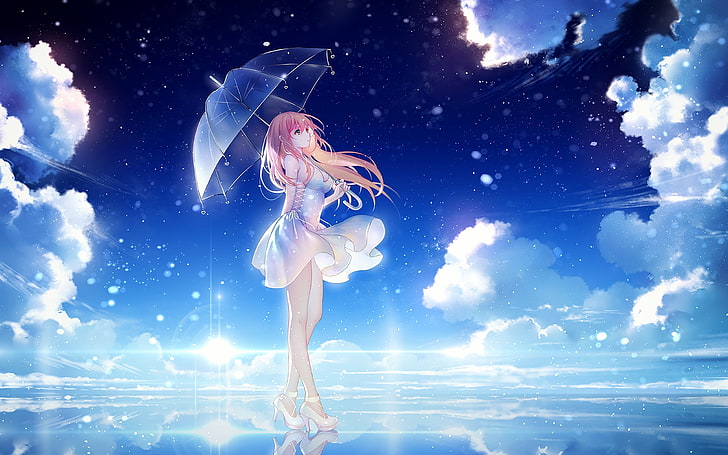 sky, clouds, bliss, umbrella, dress, blonde, one person, blue