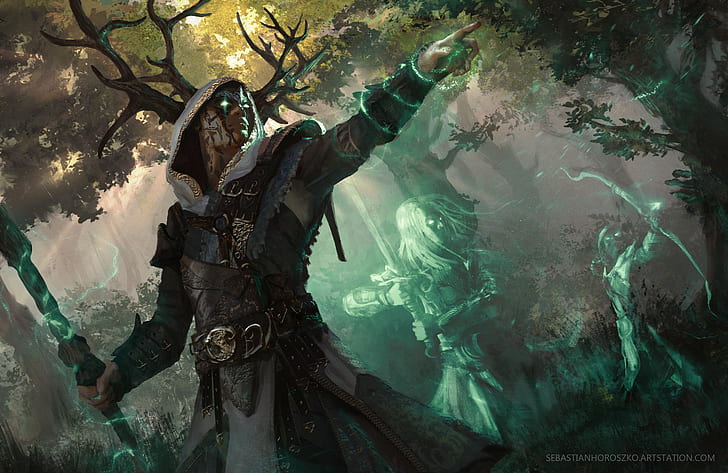 druids green eyes fantasy art magic ghost digital art forest, HD wallpaper