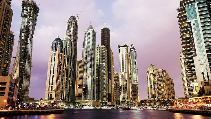 high-rise buildings, cityscape, lights, boat, Dubai, architecture, HD wallpaper