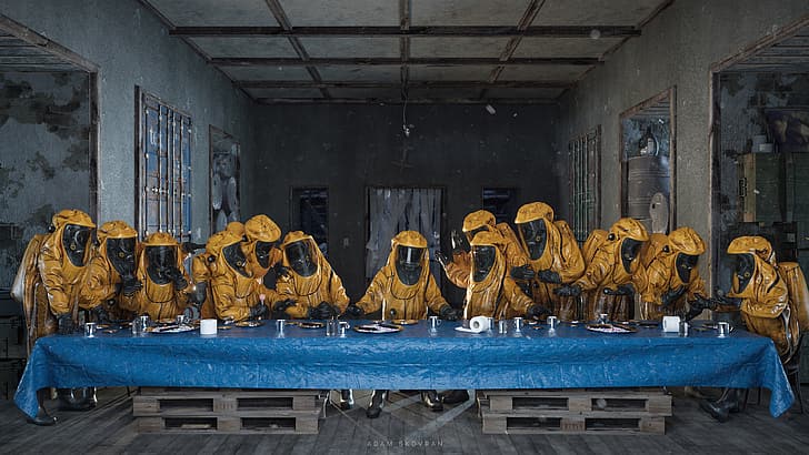 The Last Supper, toilet paper, protective suit, pandemic, render