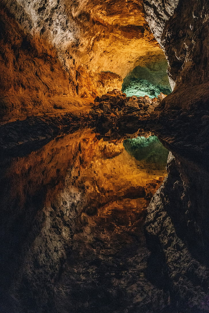 cave, water, reflection, stone, inside, volcanic, cueva de los verdes, HD wallpaper