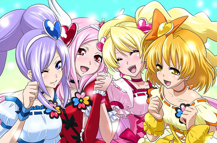 four female anime characters illustration, fresh precure, girl