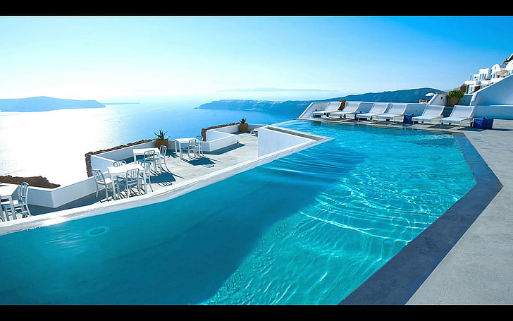 six white pool loungers, hotel, swimming pool, water, sea, nature