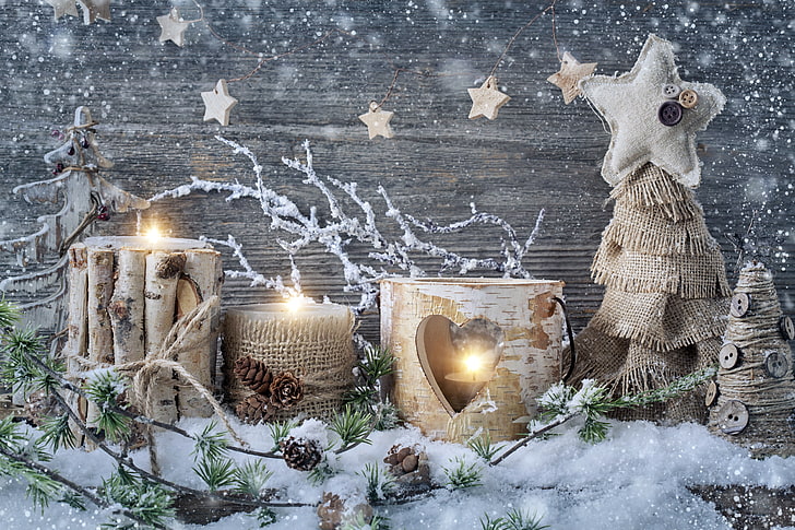 beige wooden Christmas decoration, snow, candles, New Year, vintage
