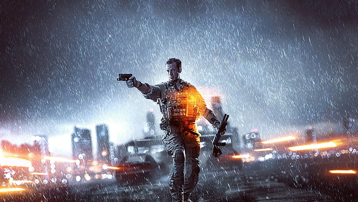 Battlefield 4 poster, Gun, Rain, Weapons, Electronic Arts, Shotgun, HD wallpaper