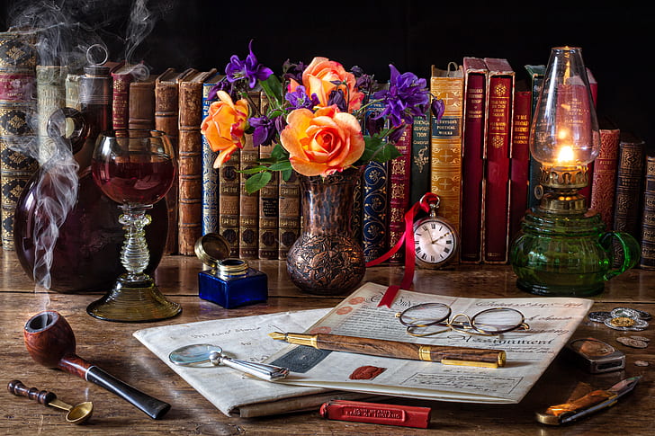 flowers, style, watch, books, bottle, lamp, roses, tube, bouquet