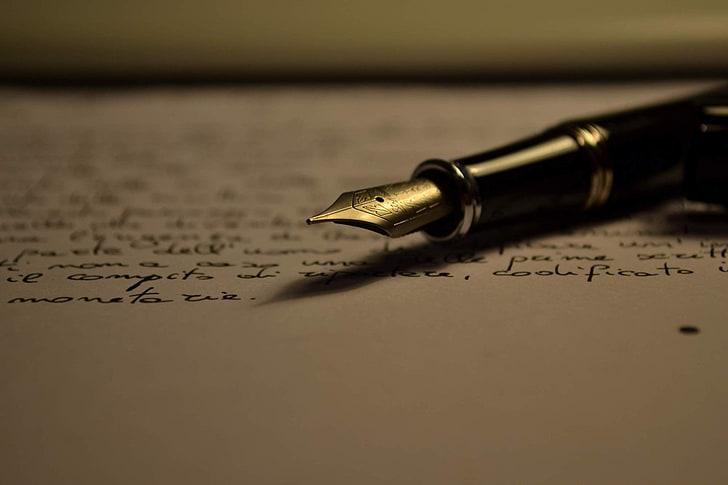 black fountain pen, paper, leaf, line, handwriting, text, document