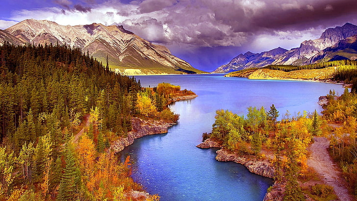 nature, wilderness, sky, mountain, lake, canada, abraham lake, HD wallpaper