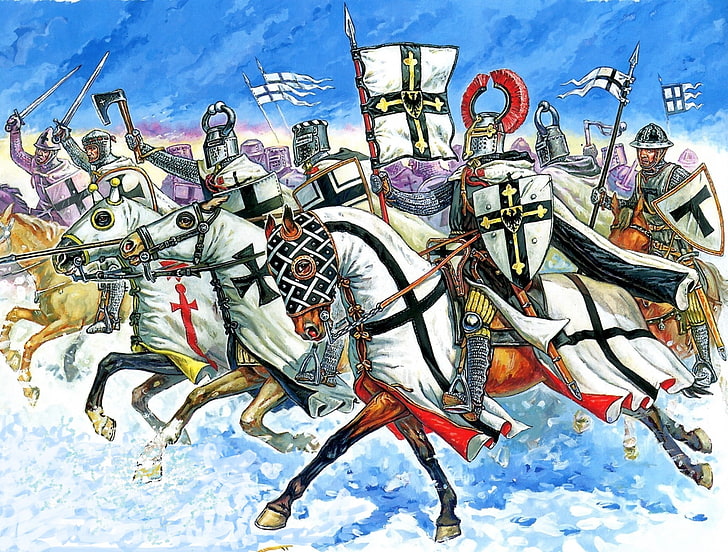 knights riding on horse wallpaper, winter, field, snow, attack, HD wallpaper