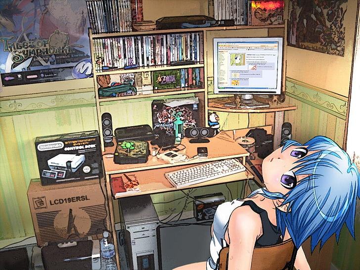 blue-haired anime character girl wallpaper, anime girls, short hair, HD wallpaper