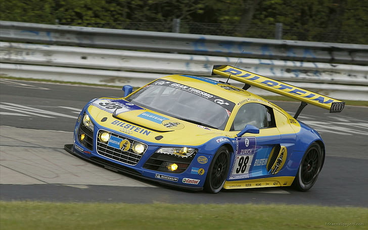 2011 Audi R8 LMS, yellow and blue sports car, cars, HD wallpaper