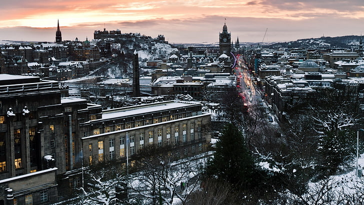 city, winter, snow, building, architecture, Edinburgh, Scotland