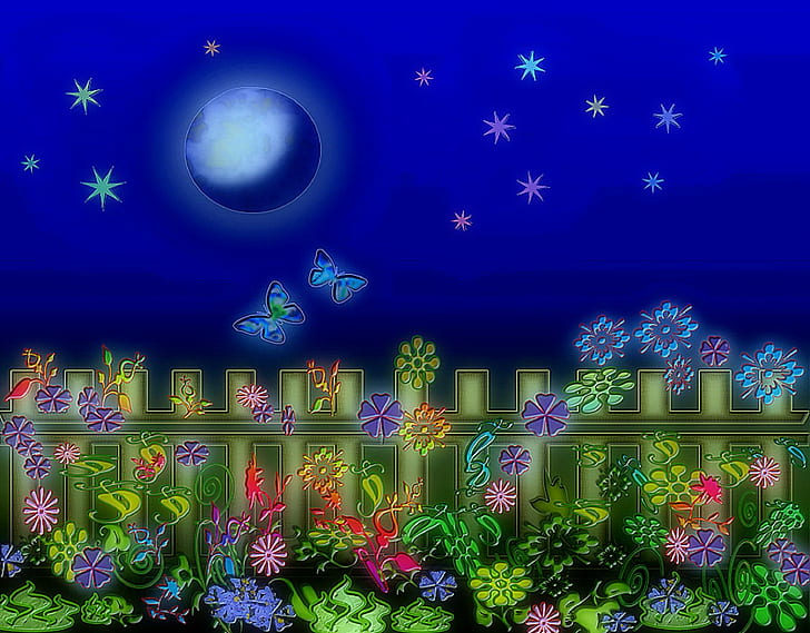 Moonlight Shining Fence, adorable, creative-pre--made, butterfly-designs, HD wallpaper