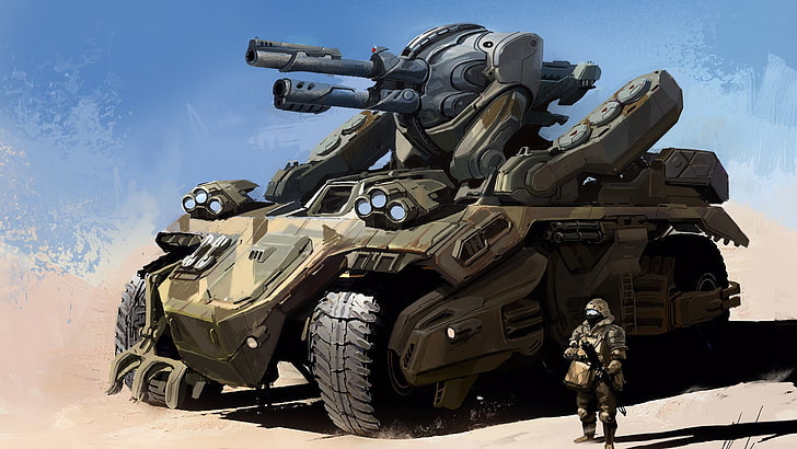 brown and green battle tank wallpaper, cyberpunk, armored vehicle, HD wallpaper