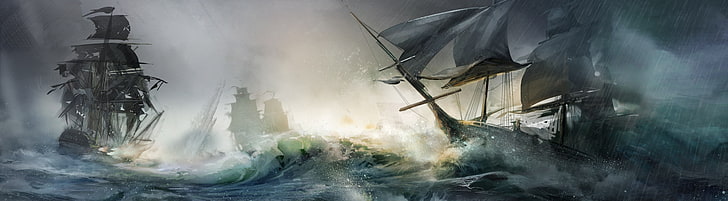 Assassin's Creed III Ships, gray galleon digital wallpaper, Games