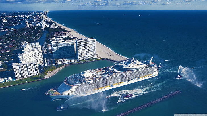 cruise ship, cityscape, sea, aerial view, water, architecture, HD wallpaper