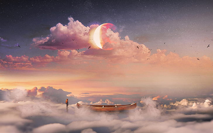 fantasy art, sky, planet, clouds, boat, men, digital art, stars