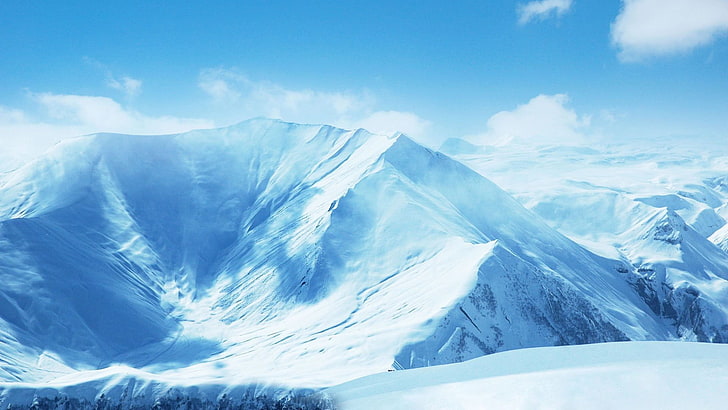 snow mountain, mountains, cold, white, blue, nature, cyan, sky, HD wallpaper