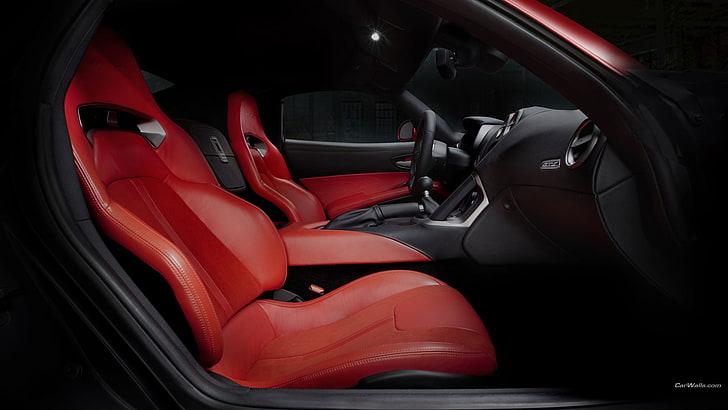 red leather vehicle seats, two red leather vehicle bucket seats, HD wallpaper